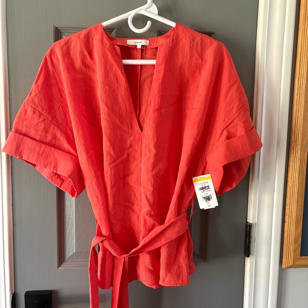 Vince Orange Boxy Short Sleeve Blouse with Tie Front size small